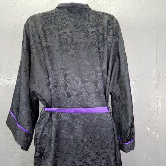 Vtg Victoria Secret Gold Label Robe One Size Satin Rose Black Purple Tie Kimono - Picture 7 of 15